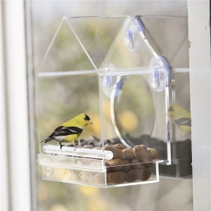 Transparente Papageienfütterung aus transparentem Vogelkäfig aus Hausform 