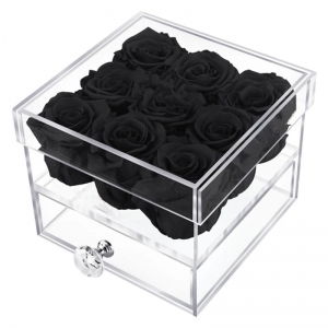 Quadratische Luxus-Blumenbox aus klarem Acryl mit 9 Rosen und Schmuckschublade 