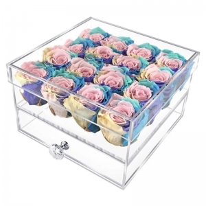 Quadratische Rosenbox aus Acryl mit 16 Löchern und einer Schublade 
