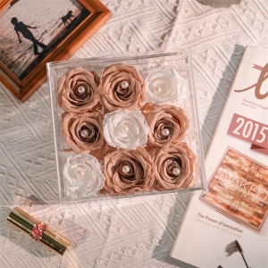 Quadratische transparente Acryl-Rosenbox für 9 Rosen mit Schublade 