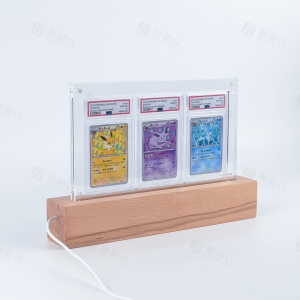 LED-beleuchteter 3-Slot-Acryl-Displayständer mit Holzsockel 