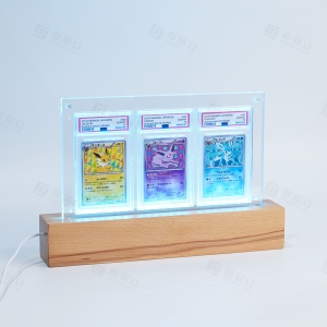 LED-beleuchteter 3-Slot-Acryl-Displayständer mit Holzsockel 